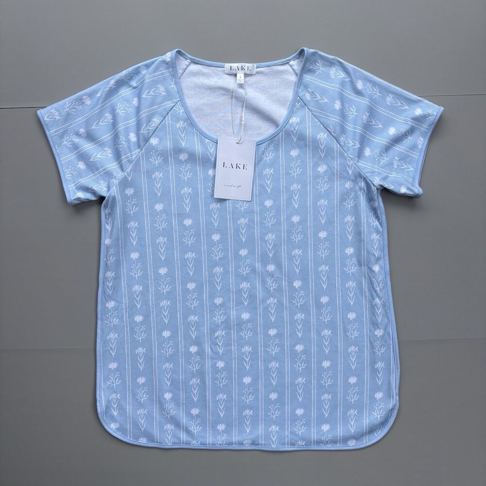 Lake Pajama Top Womens Small Floral Stripe Blue  Pima Cotton Short Sleeve Shirt